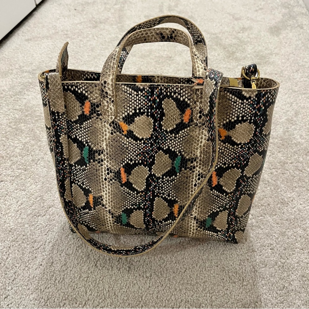 Madewell Small Snake Print Tote with Green and Orange Accents